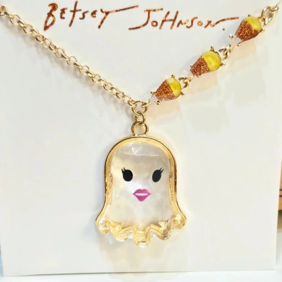 BETSEY JOHNSON Halloween Bevel-Cut Clear & Gold-Trimmed Girly Ghost Necklace NWT - Picture 1 of 8